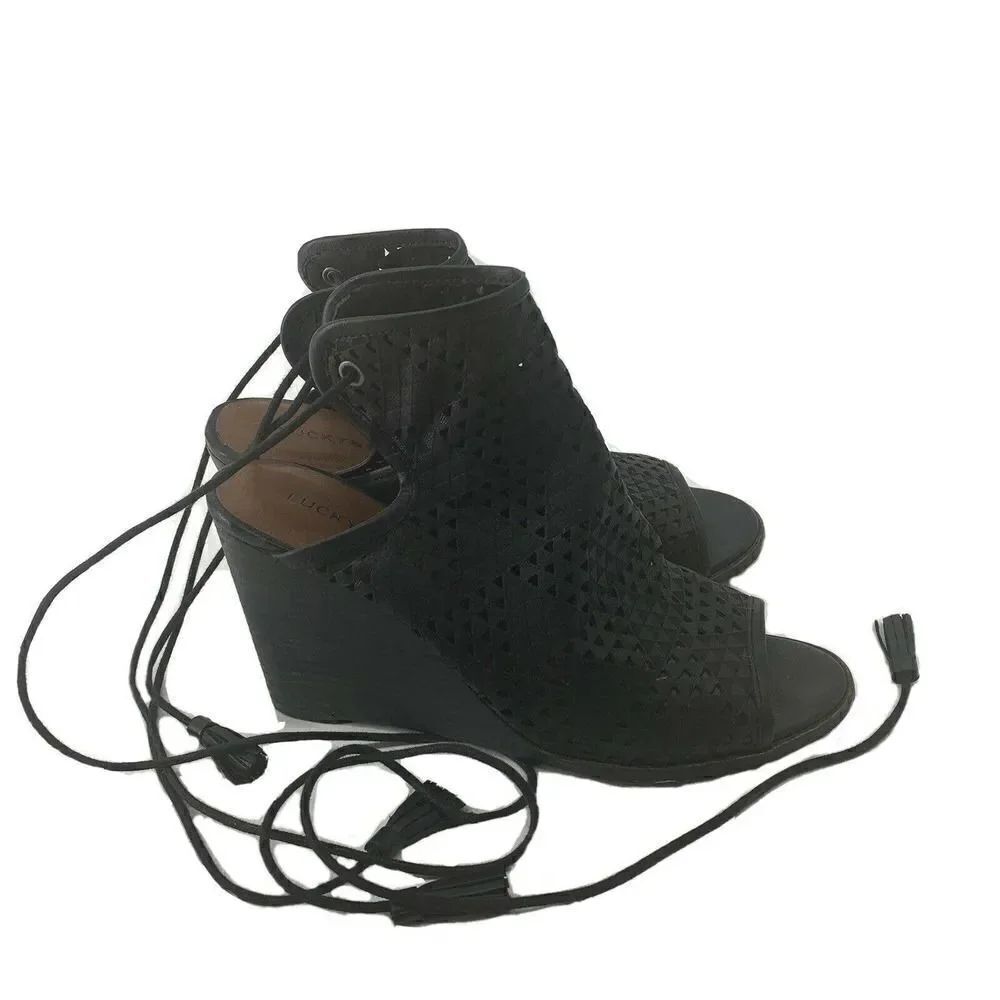 Lucky Brand Black Leather Wedge Booties Ankle Wrap